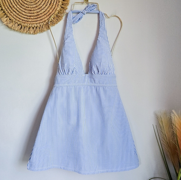 J. Crew, New Blue & White Seersucker Plunging Halter Swim Dress Swimsuit SZ 6 - Picture 2 of 10